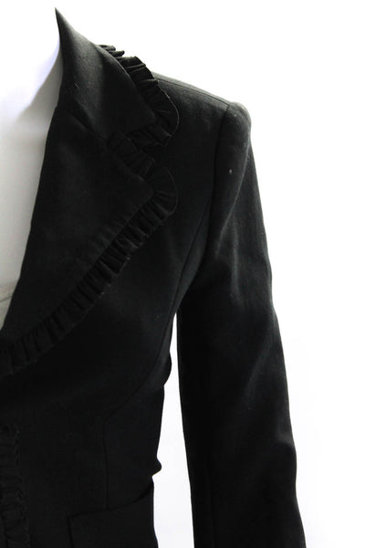 Cinq à Sept Womens Ruffled Trim Long Sleeve Two Button Short Blazer Black Size 0
