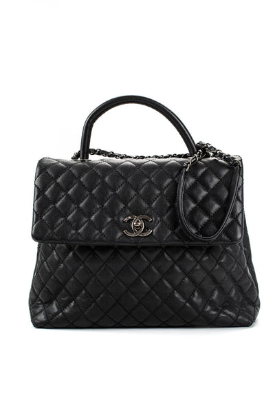 Chanel Womens Quilted Caviar Leather Large Coco Top Handle Flap Handbag Black