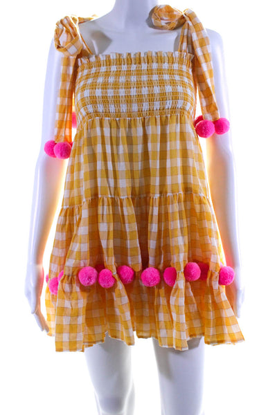 Sundress Womens Pippa Metallic Check Pop Pom A Line Dress Yellow Pink XS/S