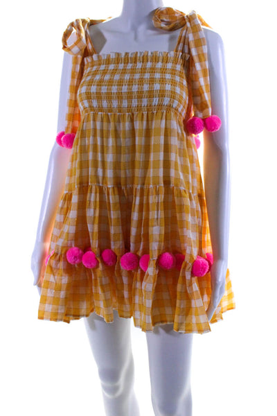 Sundress Womens Pippa Metallic Check Pop Pom A Line Dress Yellow Pink XS/S