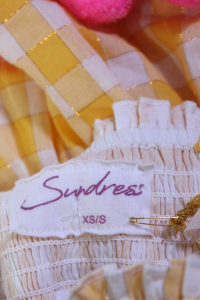 Sundress Womens Pippa Metallic Check Pop Pom A Line Dress Yellow Pink XS/S