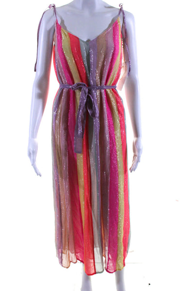 Sundress Womens Cary Marbella Stripe Metallic Belted Midi Dress Pink Green XS/S