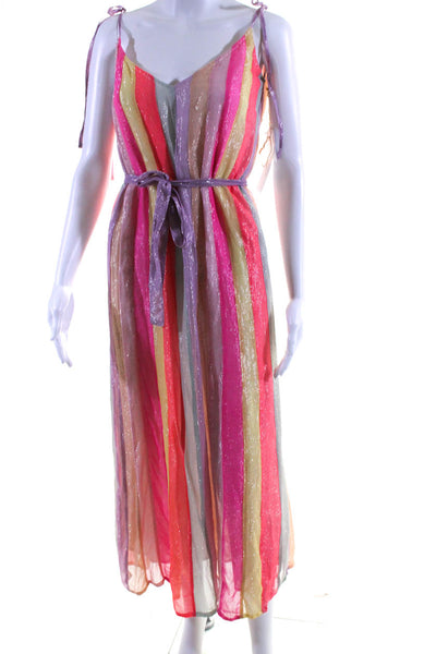 Sundress Womens Cary Marbella Stripe Metallic Belted Midi Dress Pink Green XS/S