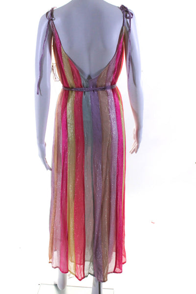 Sundress Womens Cary Marbella Stripe Metallic Belted Midi Dress Pink Green XS/S