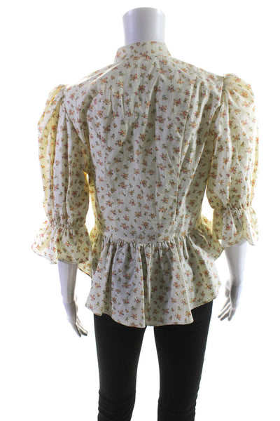 Petersyn Womens Cotton Floral Print Ruffled Trim Button Down Shirt Cream Size M