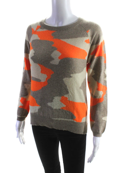 Brodie Womens Cashmere Camouflage Print Split Hem Sweater Beige Orange Size XS