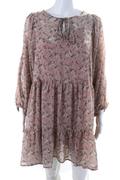 Moon River Womens Floral Print Tied Bishop Long Sleeve Midi Dress Pink Size M