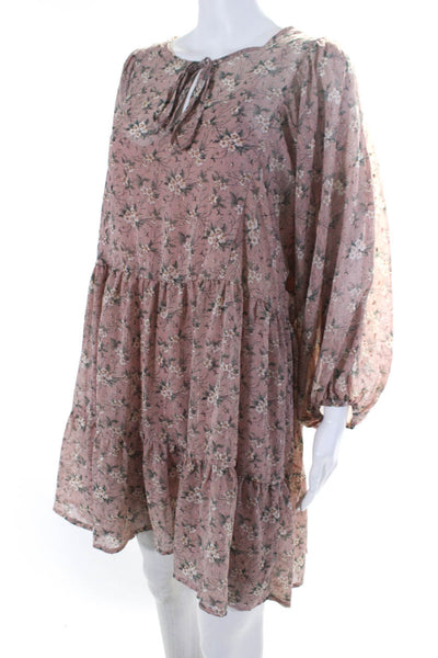 Moon River Womens Floral Print Tied Bishop Long Sleeve Midi Dress Pink Size M