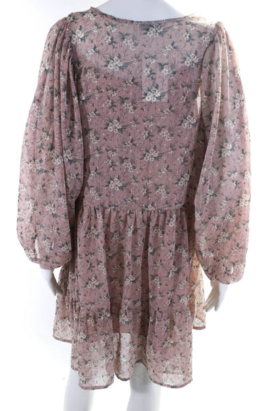 Moon River Womens Floral Print Tied Bishop Long Sleeve Midi Dress Pink Size M