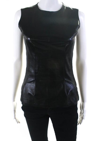Theory Womens Leather Pleated Front Flared Hem Sleeveless Blouse Black Size 00