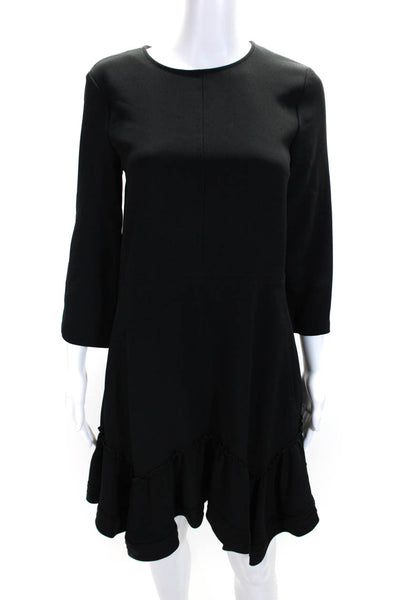 Chloe Womens Back Zip 3/4 Sleeve Crew Neck Ruffled Dress Black Silk Size FR 36