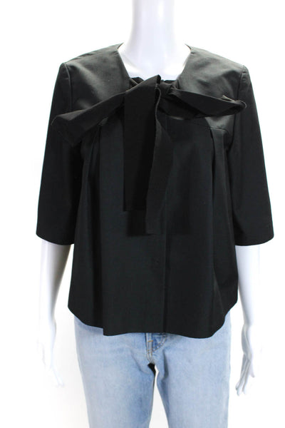 Ports 1961 Womens Button Front Half Sleeve Tie Neck Top Blouse Black Size 6