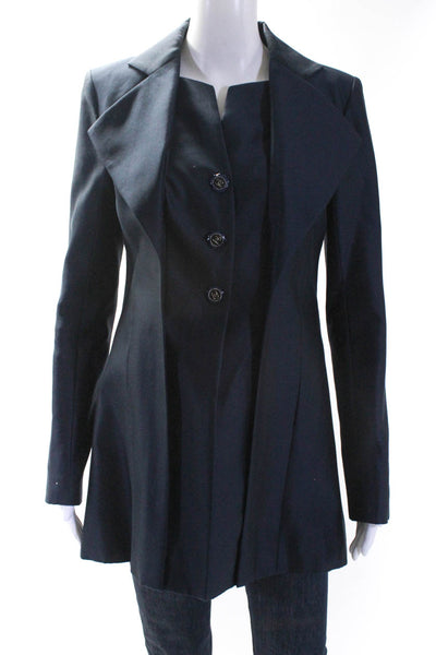 Chanel Womens 2015 Cruise Layered Notched Collar Sateen Blazer Jacket Navy Silk