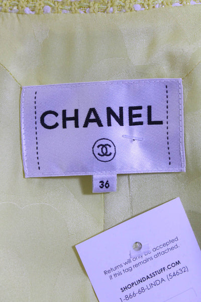 Chanel Womens 2019 Metallic Tweed Standing Collar Button Up Jacket Yellow Size F