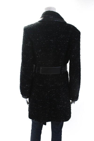 Chanel Womens Long Leather Trim Boucle Logo Belted Coat Jacket Black Size FR 40