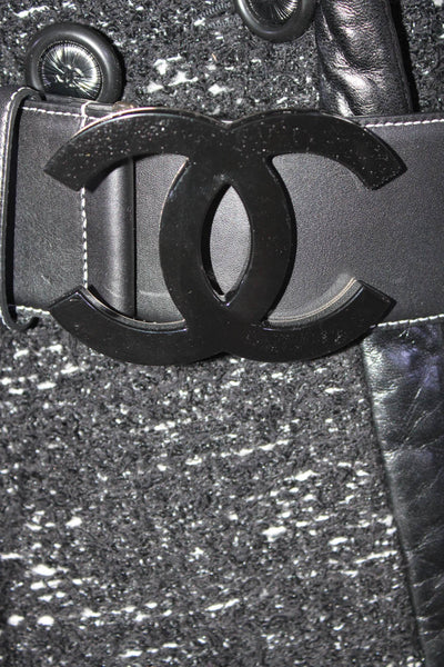 Chanel Womens Long Leather Trim Boucle Logo Belted Coat Jacket Black Size FR 40