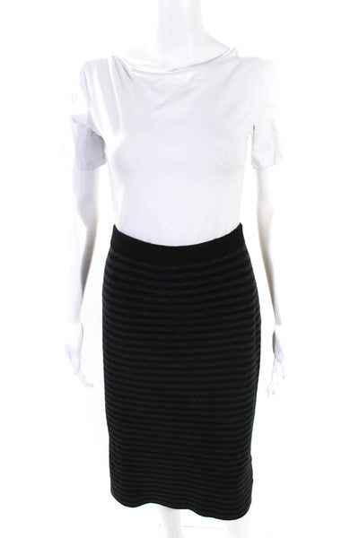 Eileen Fisher Womens Black Gray Wool Striped Midi Pencil Skirt Size S