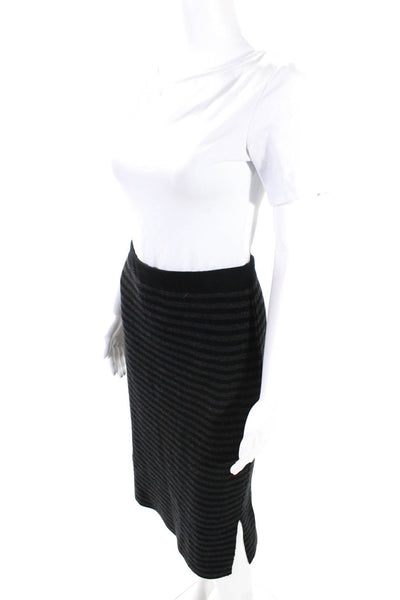 Eileen Fisher Womens Black Gray Wool Striped Midi Pencil Skirt Size S