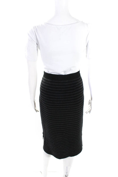 Eileen Fisher Womens Black Gray Wool Striped Midi Pencil Skirt Size S