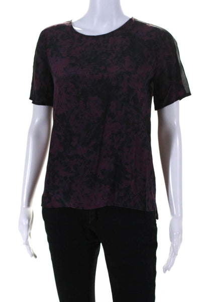 Andrew Marc Womens Marbled Print Short Sleeve Top Blouse Black Purple Size XS