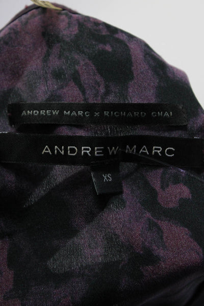 Andrew Marc Womens Marbled Print Short Sleeve Top Blouse Black Purple Size XS