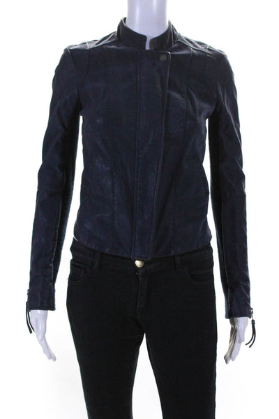 Free People Womens Knit Sleeve Faux Suede High Neck Jacket Dark Blue Size XS