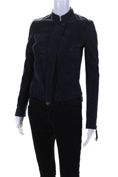 Free People Womens Knit Sleeve Faux Suede High Neck Jacket Dark Blue Size XS