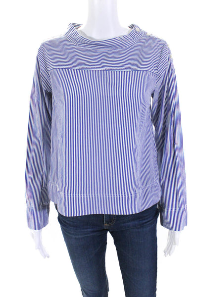 J Crew Womens Striped Long Sleeves Asymmetrical Blouse Blue White Cotton Size 0