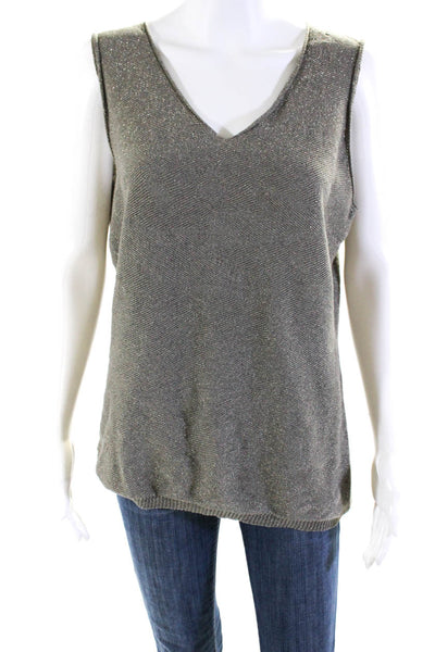 Fabiana Filippi Womens Metallic Knit V-Neck Sleeveless Sweater Top Gray Size L