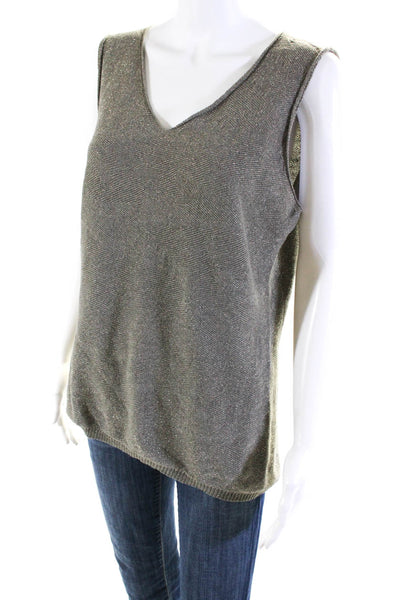 Fabiana Filippi Womens Metallic Knit V-Neck Sleeveless Sweater Top Gray Size L