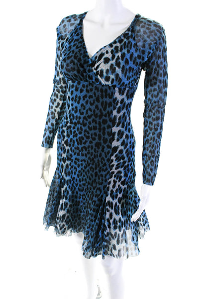 Fuzzi Womens Mesh Leopard Printed V-Neck Flared Long Sleeve Dress Blue Size S