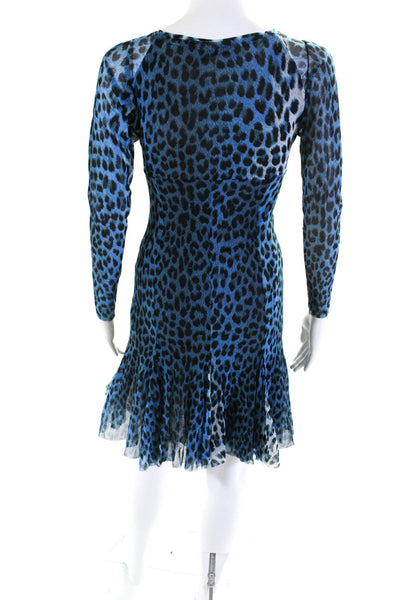 Fuzzi Womens Mesh Leopard Printed V-Neck Flared Long Sleeve Dress Blue Size S