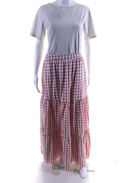 Buddy Love Womens Elastic Waist Gingham Midi A Line Skirt Pink White Size Medium