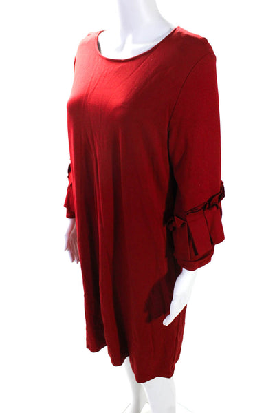 Katherine Barclay Womens Ruffled 3/4 Sleeve Scoop Neck Shift Dress Red Large