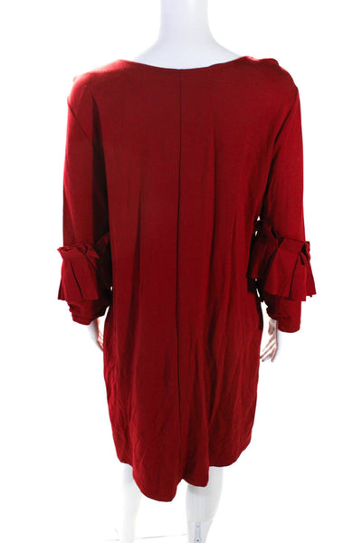 Katherine Barclay Womens Ruffled 3/4 Sleeve Scoop Neck Shift Dress Red Large