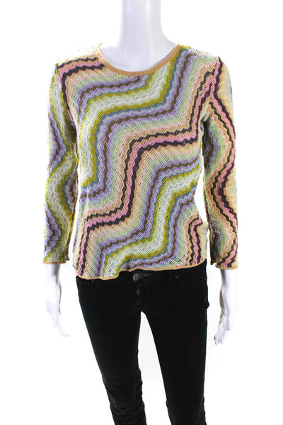 Missoni Womens Multicolor Printed Open Knit Crew Neck Long Sleeve Top Size S/M