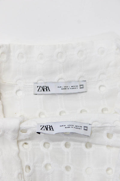 Zara Womens White Lace Collar Short Sleeve Button Down Shirt Size M L lot 2
