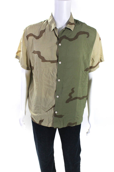 Allsaints Mens Green Beige Printed Collar Short Sleeve Button Down Shirt Size M