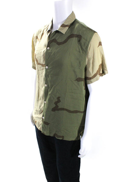 Allsaints Mens Green Beige Printed Collar Short Sleeve Button Down Shirt Size M