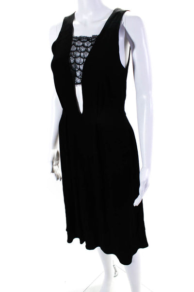 Sandro Women's V-Neck Lace Panel Pleated A-line Midi Dress Black Size 1