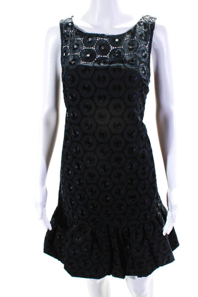 Tibi Women's Cotton Sleeveless Lace Ruffle Hem Shift Dress Black Size 6