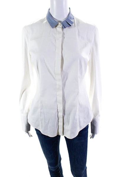 Brunello Cucinelli Women's Cotton Plaid Trim Button Down Blouse White Size L