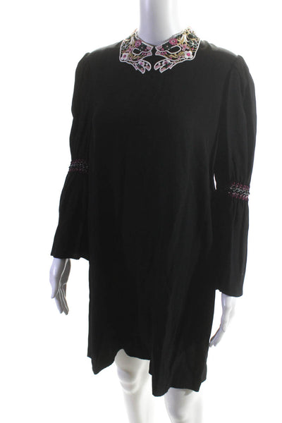 Vivetta Women's Long Sleeve Embroidered Hands Collar Shift Dress Black Size 44