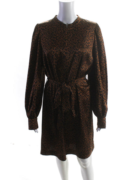 Scotch And Soda Women's Leopard Print Front Zip Belted Shift Dress Brown Size L