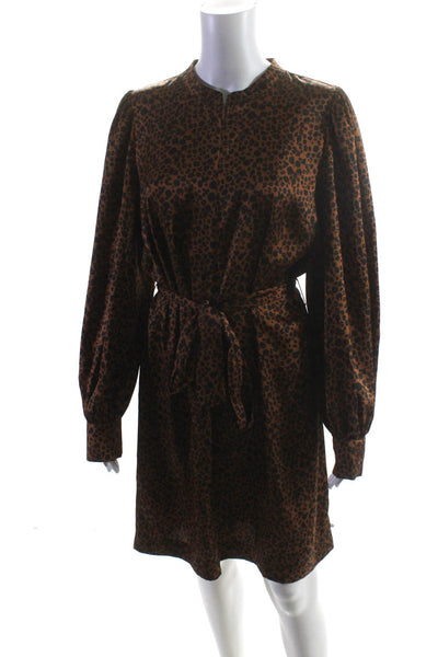 Scotch And Soda Women's Leopard Print Front Zip Belted Shift Dress Brown Size L