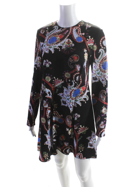 Mary Katrantzou Women's Silk Long Sleeve Abstract Print Shift Dress Black Size 4