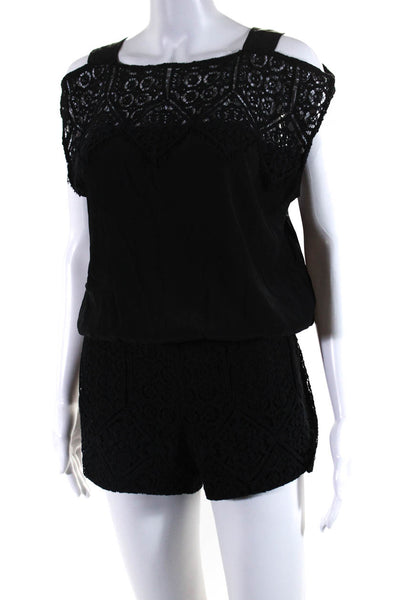 Ramy Brook Womens Crochet Short Sleeves Romper Black Cotton Size Extra Small