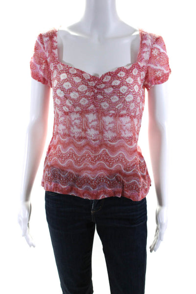 Dosa Womens Cotton Abstract Print Short Sleeve Babydoll Blouse Red Pink Size 2