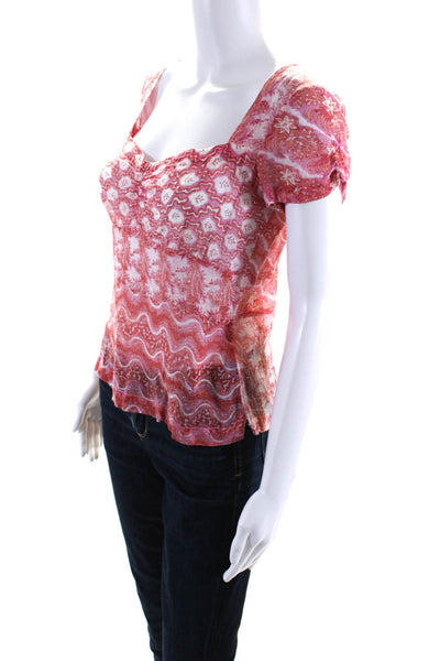 Dosa Womens Cotton Abstract Print Short Sleeve Babydoll Blouse Red Pink Size 2