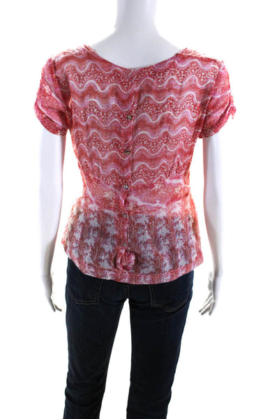 Dosa Womens Cotton Abstract Print Short Sleeve Babydoll Blouse Red Pink Size 2